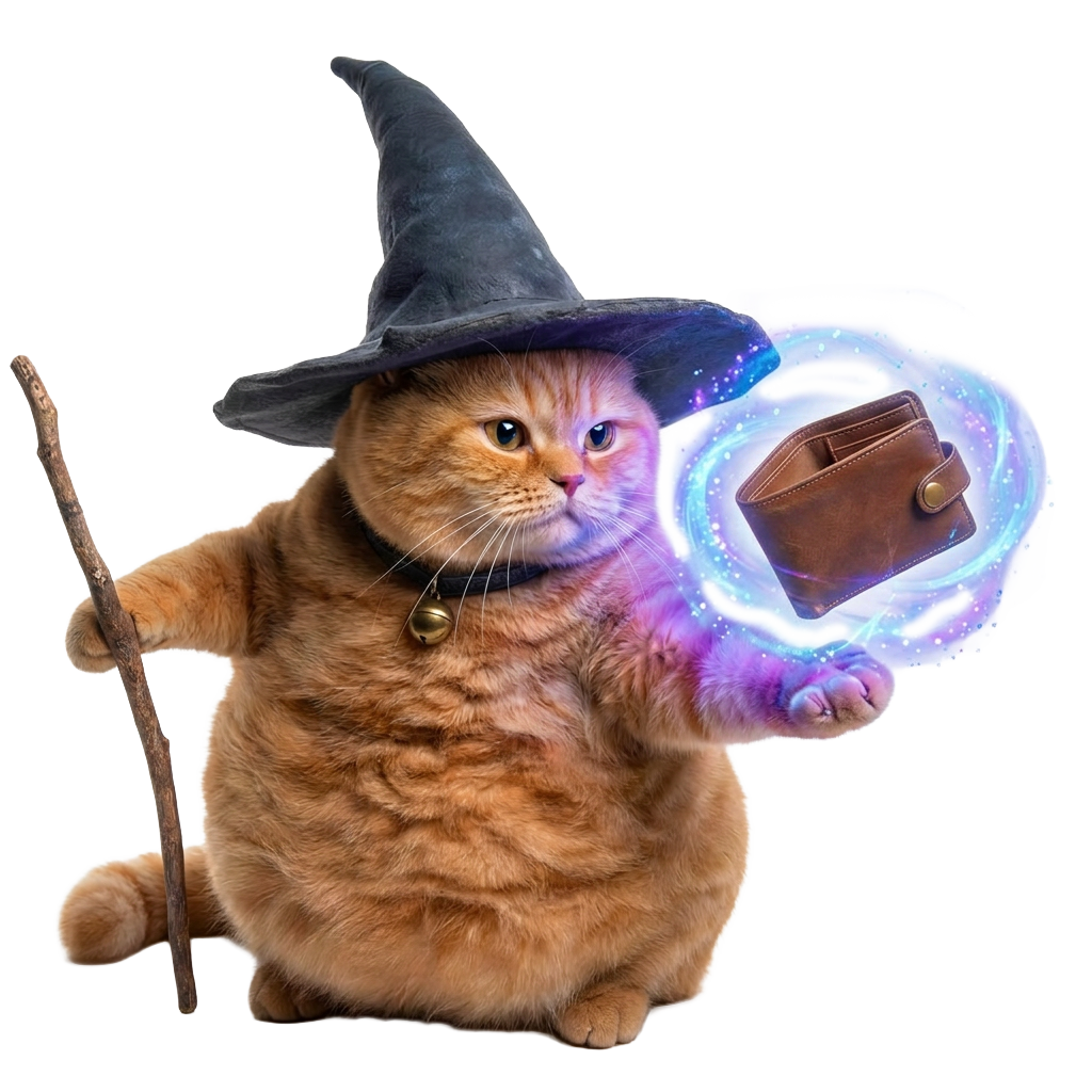 Cheeseball the wizard cat conjuring a glowing wallet