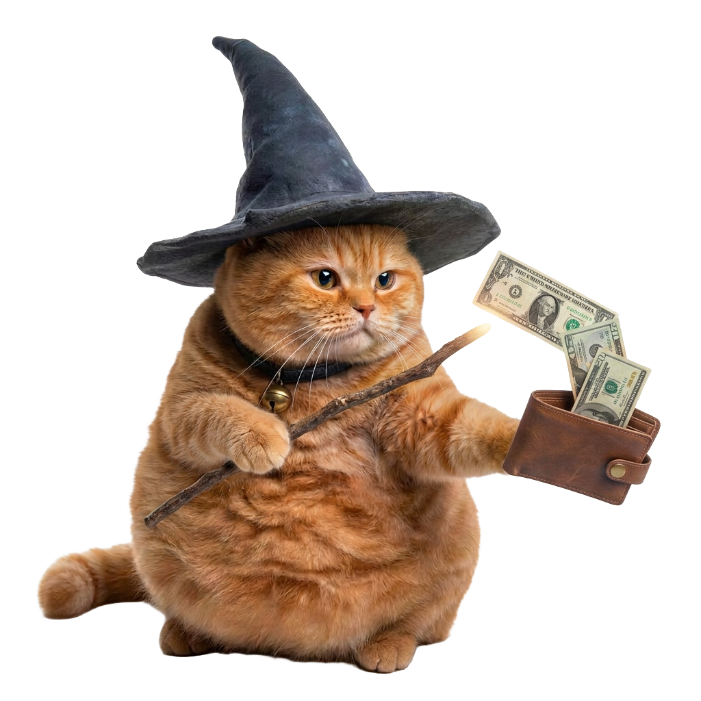 Cheeseball the wizard cat filling a wallet with cash