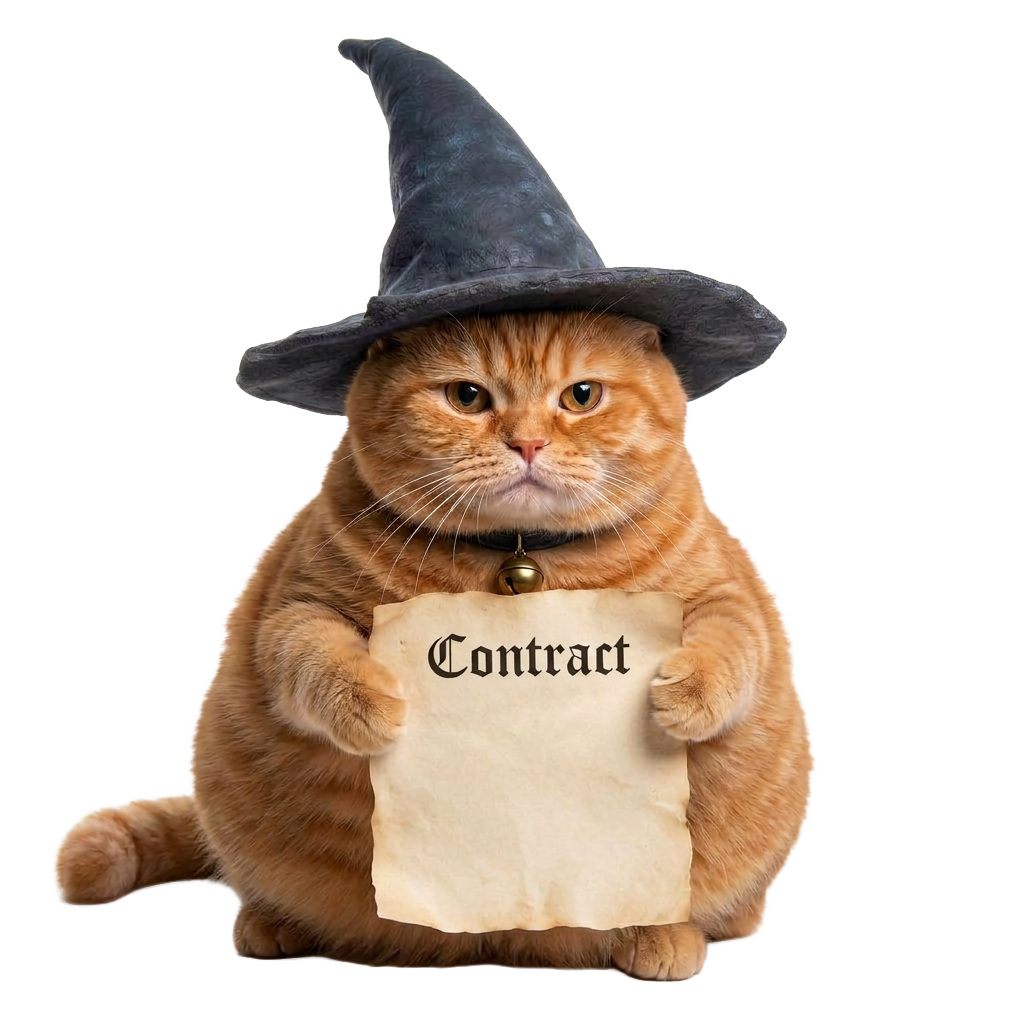 Cheeseball the wizard cat holding up the contract scroll